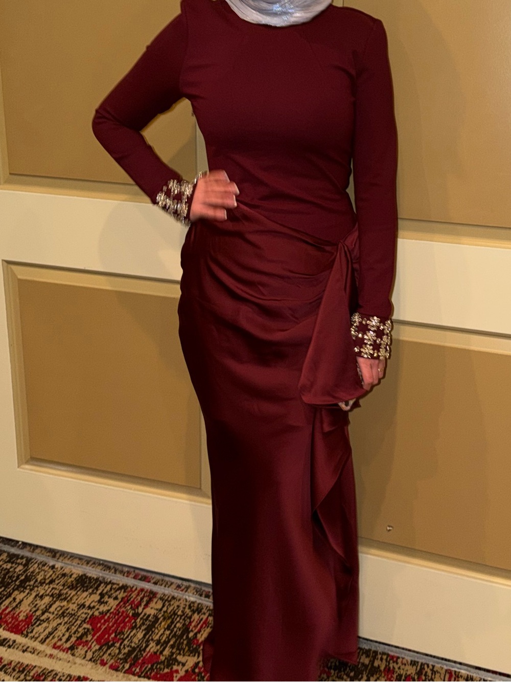 Club L London Burgundy Long Sleeve Maxi Dress with Draped Ruffle - Picture 2 of 3